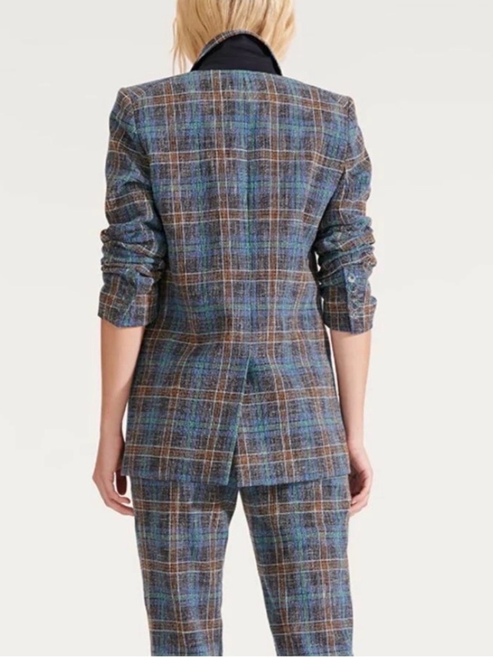 VERONICA BEARD Dickey Blue Plaid MARTEL Ruched Slv Cotton Linen Blazer Jacket 8 - Picture 3 of 16
